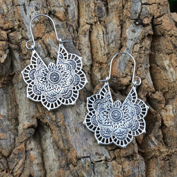 Silver Flower Boho Earrings - Picture 3 of 6